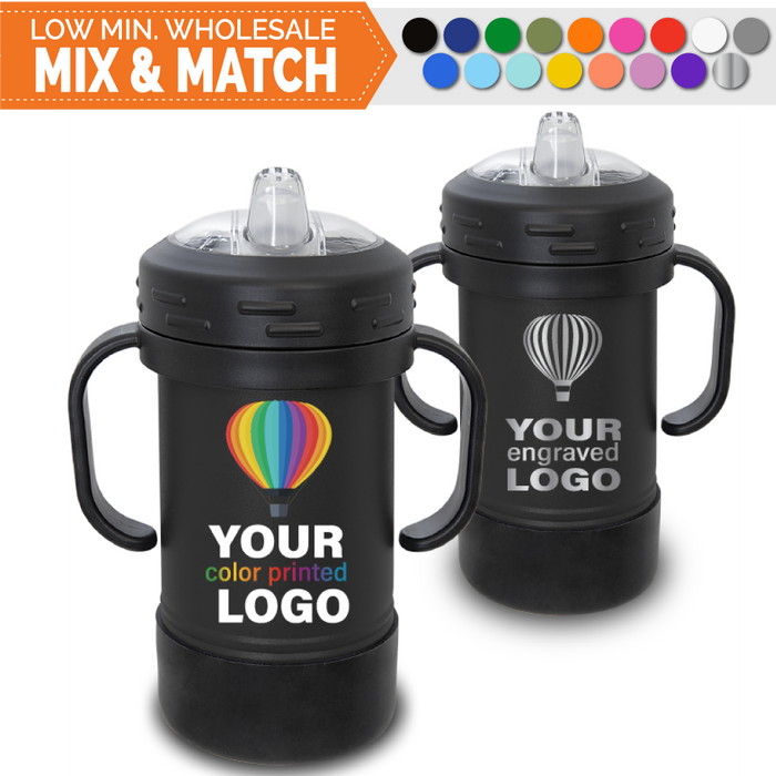 Bulk, wholesale, print on demand, low minimum laser engraved and uv color printed 10 oz insulated promo stainless steel kids sippy cups for children with handle and spout - available in powder coated colors red blue pink seafoam teal light blue lavender purple gray navy orange maroon white green black yellow coral olive green silver