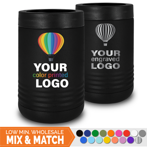 Bulk, wholesale, print on demand, low minimum laser engraved and uv color printed 12 oz insulated promo stainless steel can cooler beverage holder - available in powder coated colors red blue pink seafoam teal light blue lavender purple gray navy orange maroon white green black yellow coral olive green silver