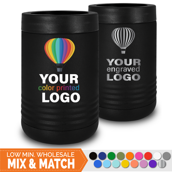Bulk, wholesale, print on demand, low minimum laser engraved and uv color printed 12 oz insulated promo stainless steel can cooler beverage holder - available in powder coated colors red blue pink seafoam teal light blue lavender purple gray navy orange maroon white green black yellow coral olive green silver