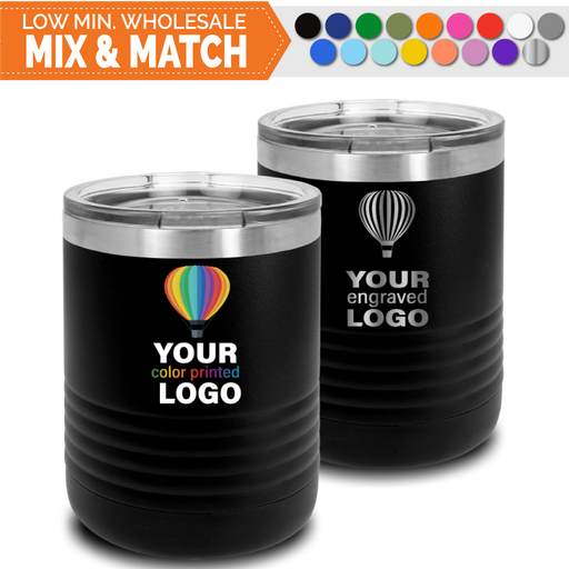 Bulk, wholesale, print on demand, low minimum laser engraved and uv color printed 10 oz lowball bar tumblers - available in powder coated colors red blue pink seafoam teal  purple navy maroon white black silver