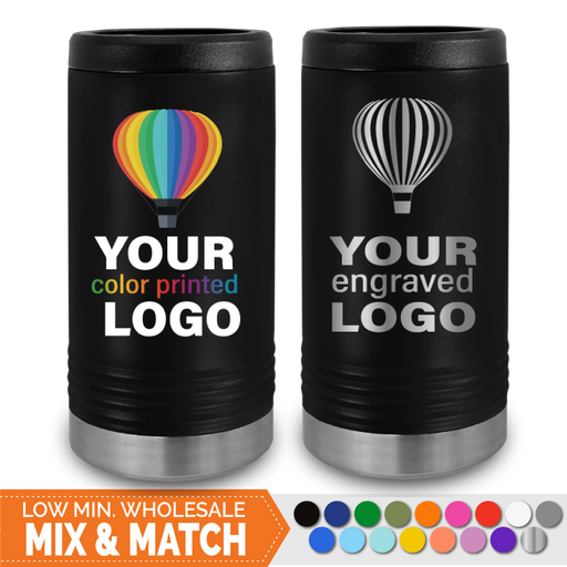 Bulk, wholesale, print on demand, low minimum laser engraved and uv color printed skinny slim 12 oz insulated promo stainless steel seltzer can cooler beverage holder - available in powder coated colors red blue pink seafoam teal light blue lavender purple gray navy orange maroon white green black yellow coral olive green silver