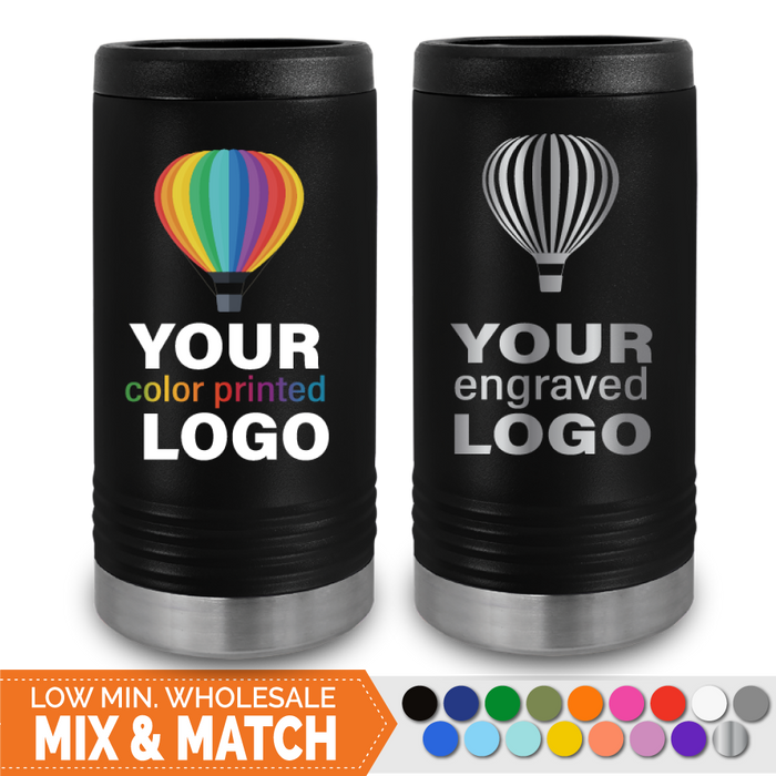 Bulk, wholesale, print on demand, low minimum laser engraved and uv color printed skinny slim 12 oz insulated promo stainless steel seltzer can cooler beverage holder - available in powder coated colors red blue pink seafoam teal light blue lavender purple gray navy orange maroon white green black yellow coral olive green silver
