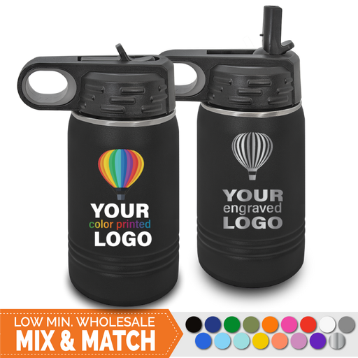 Bulk, wholesale, print on demand, low minimum laser engraved and uv color printed sport water bottle 12 oz kids fliptop chug insulated promo stainless steel drinkware - available in powder coated colors red blue pink seafoam teal light blue lavender purple gray navy orange maroon white green black yellow coral olive green silver