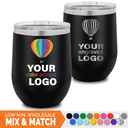Bulk, wholesale, print on demand, low minimum laser engraved and uv color printed 12 oz wine tumblers - available in powder coated colors red blue pink seafoam teal light blue lavender purple gray navy orange maroon white green black yellow coral olive green silver