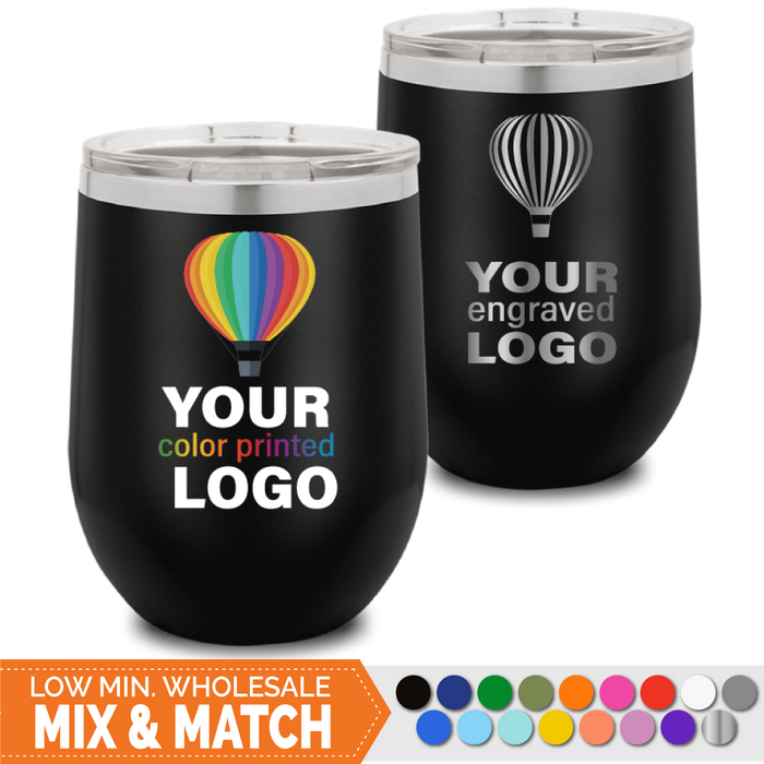 Bulk, wholesale, print on demand, low minimum laser engraved and uv color printed 12 oz wine tumblers - available in powder coated colors red blue pink seafoam teal light blue lavender purple gray navy orange maroon white green black yellow coral olive green silver