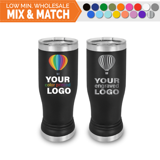 Bulk, wholesale, print on demand, low minimum laser engraved and uv color printed beer pilsner 14 oz insulated promo stainless steel brewery tumbler - available in powder coated colors red blue pink seafoam teal light blue lavender purple gray navy orange maroon white green black yellow coral olive green silver