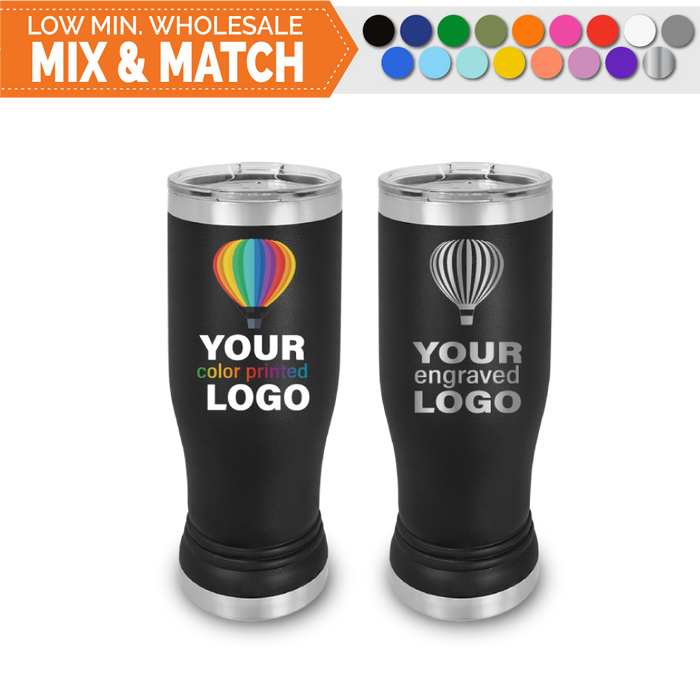 Bulk, wholesale, print on demand, low minimum laser engraved and uv color printed beer pilsner 14 oz insulated promo stainless steel brewery tumbler - available in powder coated colors red blue pink seafoam teal light blue lavender purple gray navy orange maroon white green black yellow coral olive green silver