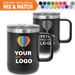 Bulk, wholesale, print on demand, low minimum laser engraved and uv color printed promo 15 oz insulated steel coffee mug with handle tumblers - available in powder coated colors red gray navy white  black olive green blue