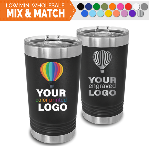 Bulk, wholesale, print on demand, low minimum laser engraved and uv color printed 16 oz beer pint tumbler insulated promo stainless steel drinkware - available in powder coated colors red blue pink seafoam teal light blue lavender purple gray navy orange maroon white green black yellow coral olive green silver