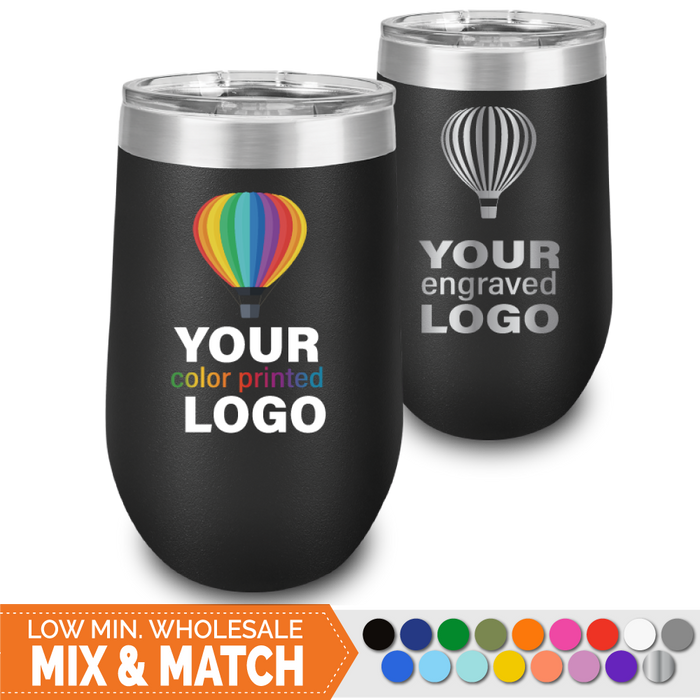 Bulk, wholesale, print on demand, low minimum laser engraved and uv color printed 16 oz stemless wine tumbler insulated promo stainless steel drinkware - available in powder coated colors red blue pink seafoam teal light blue lavender purple gray navy orange maroon white green black yellow coral olive green silver