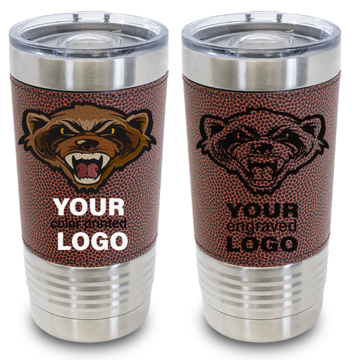 Football texture leather tumbler - 20oz bulk, wholesale, print on demand, low minimum laser engraved and uv color printed leatherette insulated promo stainless steel travel mug for fundraising, end of season foot ball team gift, football coach gifts, fantasy football trophy ideas