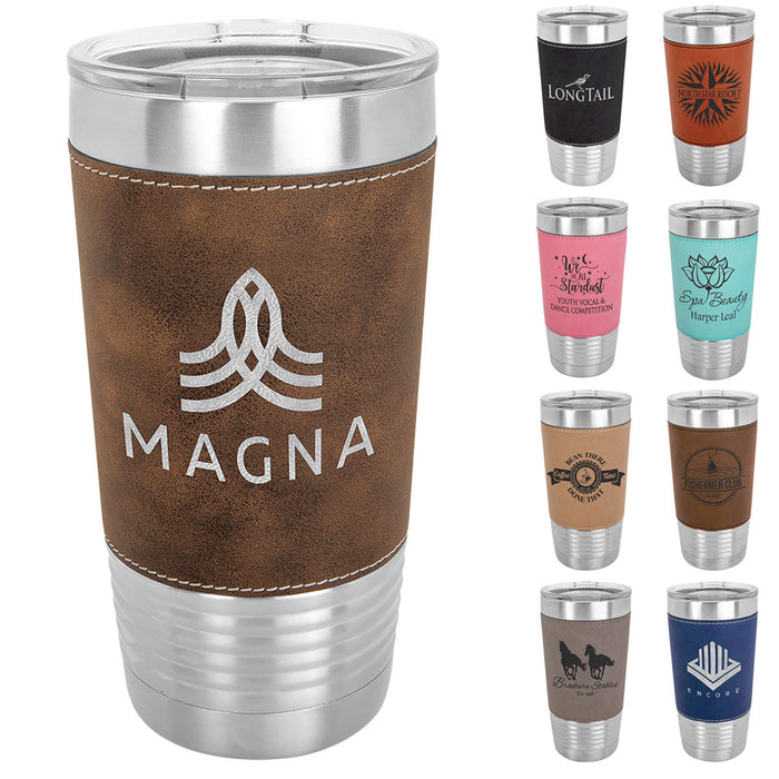 Case of 24 Blank 20 oz Faux Leather Tumbler, Insulated Stainless Steel + Lid