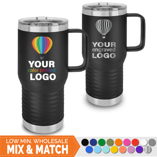 Bulk, wholesale, print on demand, low minimum laser engraved and uv color printed 20 oz travel tumbler with handle insulated promo stainless steel drinkware - available in powder coated colors red blue pink seafoam teal light blue lavender purple gray navy orange maroon white green black yellow coral olive green silver