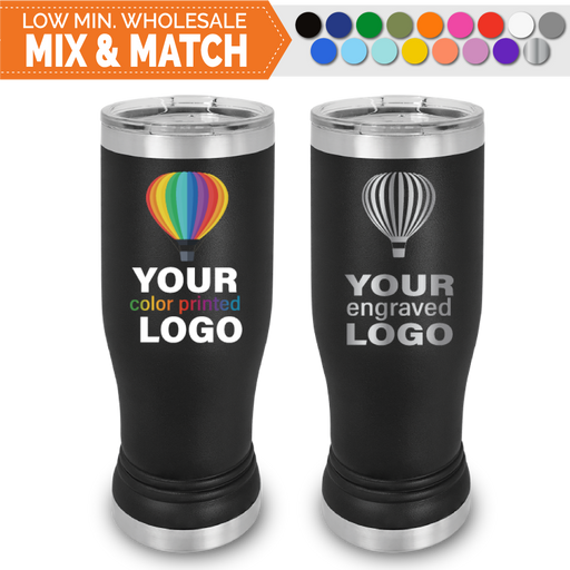 Bulk, wholesale, print on demand, low minimum laser engraved and uv color printed beer pilsner 20 oz insulated promo stainless steel brewery tumbler - available in powder coated colors red blue pink seafoam teal light blue lavender purple gray navy orange maroon white green black yellow coral olive green silver