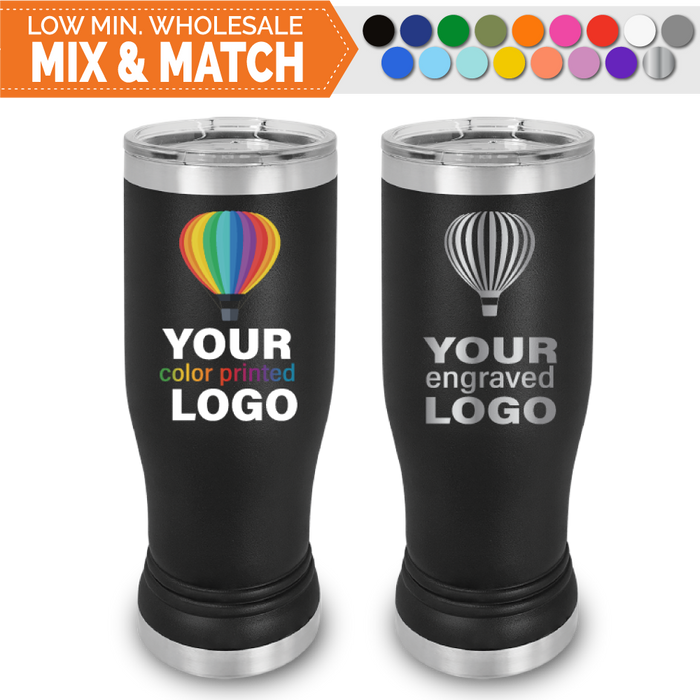 Bulk, wholesale, print on demand, low minimum laser engraved and uv color printed beer pilsner 20 oz insulated promo stainless steel brewery tumbler - available in powder coated colors red blue pink seafoam teal light blue lavender purple gray navy orange maroon white green black yellow coral olive green silver