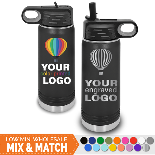Bulk, wholesale, print on demand, low minimum laser engraved and uv color printed sport water bottle 20 oz insulated promo stainless steel drinkware - available in powder coated colors red blue pink seafoam teal light blue lavender purple gray navy orange maroon white green black yellow coral olive green silver