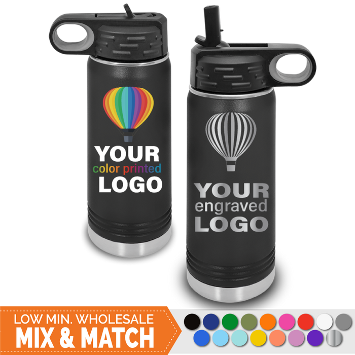 Bulk, wholesale, print on demand, low minimum laser engraved and uv color printed sport water bottle 20 oz insulated promo stainless steel drinkware - available in powder coated colors red blue pink seafoam teal light blue lavender purple gray navy orange maroon white green black yellow coral olive green silver