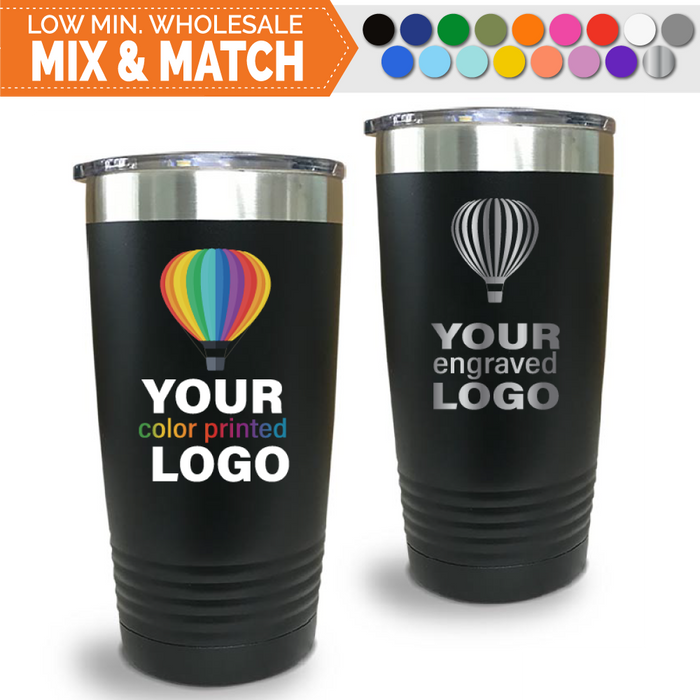 Bulk, wholesale, print on demand, low minimum laser engraved and uv color printed 20 oz tumblers - available in powder coated colors red blue pink seafoam teal light blue lavender purple gray navy orange maroon white green black yellow coral olive green silver