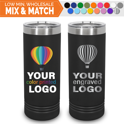 Bulk, wholesale, print on demand, low minimum laser engraved and uv color printed 22 oz skinny tumbler insulated promo stainless steel drinkware - available in powder coated colors red blue pink seafoam teal light blue lavender purple gray navy orange maroon white green black yellow coral olive green silver