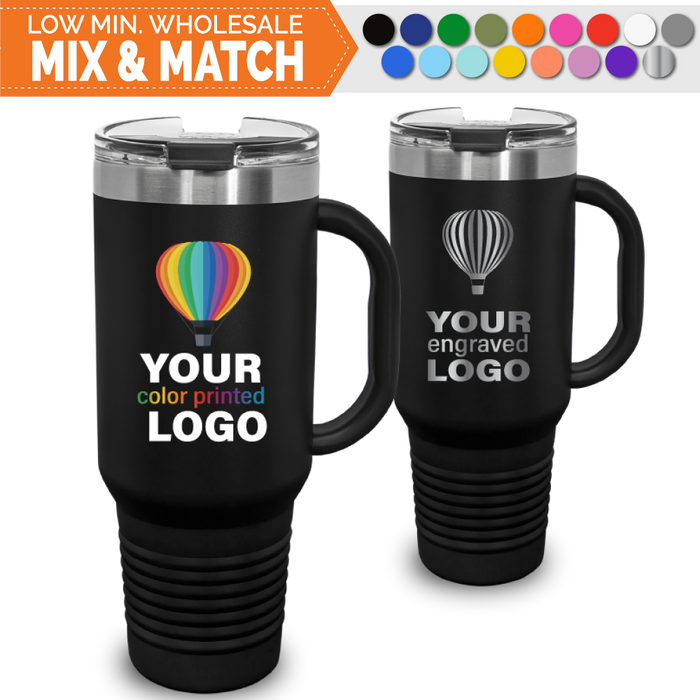 Bulk, wholesale, print on demand, low minimum laser engraved and uv color printed 40 oz tumbler charger with handle tumblers - available in powder coated colors red gray navy white  black olive green blue