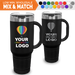 Bulk, wholesale, print on demand, low minimum laser engraved and uv color printed 40 oz tumbler charger with handle tumblers - available in powder coated colors red gray navy white  black olive green blue