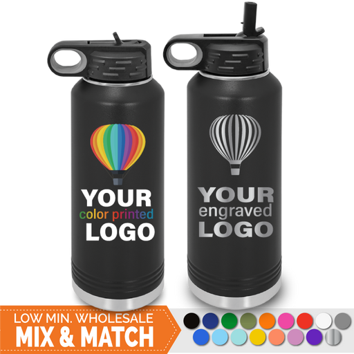 Bulk, wholesale, print on demand, low minimum laser engraved and uv color printed 40 oz water bottle flip-top chug lid with straw insulated promo stainless steel drinkware - available in powder coated colors red blue pink seafoam teal light blue lavender purple gray navy orange maroon white green black yellow coral olive green silver