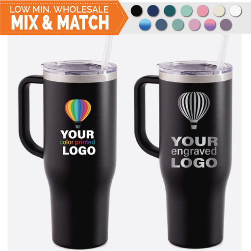 Bulk, wholesale, print on demand, low minimum laser engraved and uv color printed 40 oz tumbler charger lid with straw insulated promo stainless steel drinkware - available in powder coated colors  navy, black, teal, seafoam, sage, glitter, ombre, pink, purple, eggshell, rose, seaglass, white, slate glue, holographic glitter, pink, mint, volcano gray, mauve