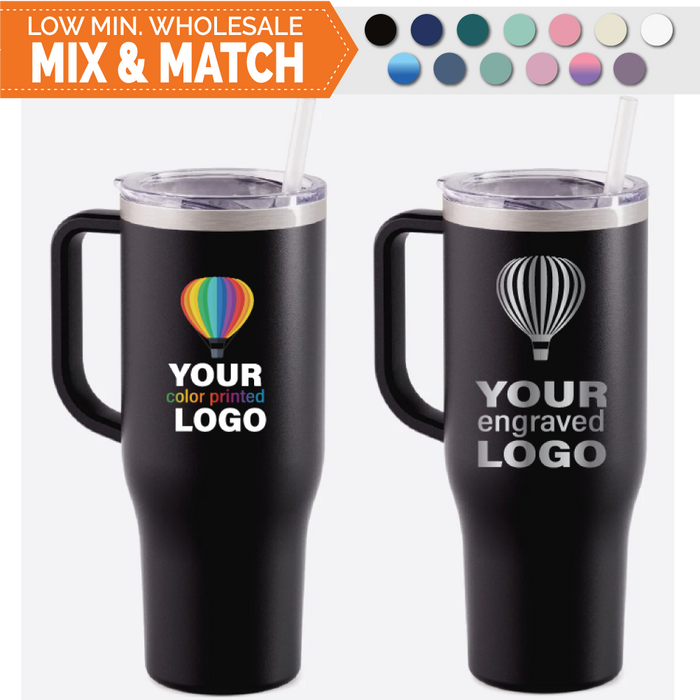 Bulk, wholesale, print on demand, low minimum laser engraved and uv color printed 40 oz tumbler charger lid with straw insulated promo stainless steel drinkware - available in powder coated colors  navy, black, teal, seafoam, sage, glitter, ombre, pink, purple, eggshell, rose, seaglass, white, slate glue, holographic glitter, pink, mint, volcano gray, mauve