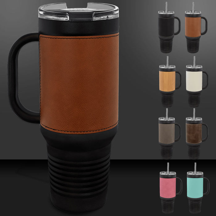 Blank 40 oz Leatherette Tumbler with Handle, Insulated Stainless Steel + Lid / Straw