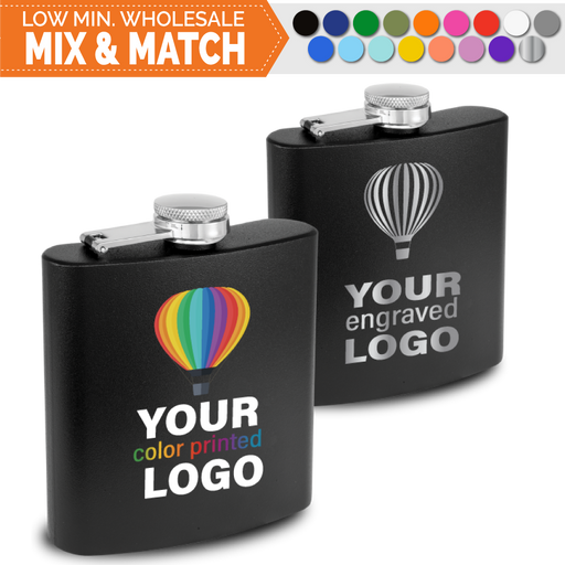 Bulk, wholesale, print on demand, low minimum laser engraved and uv color printed 6 oz groomsman gift flask promo stainless steel drinkware - available in powder coated colors red blue pink seafoam teal light blue lavender purple gray navy orange maroon white green black yellow coral olive green silver