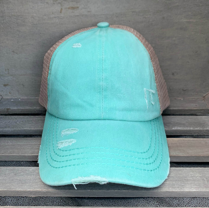 OVERSTOCK SALE - Authentic Mint CC Beanie CrissCross High Ponytail Trucker Hat Distressed Wash Denim