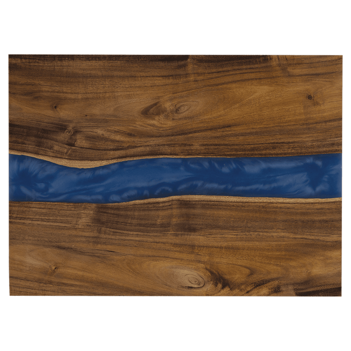 Wooden serving board with  blue resin running horizontally through it
