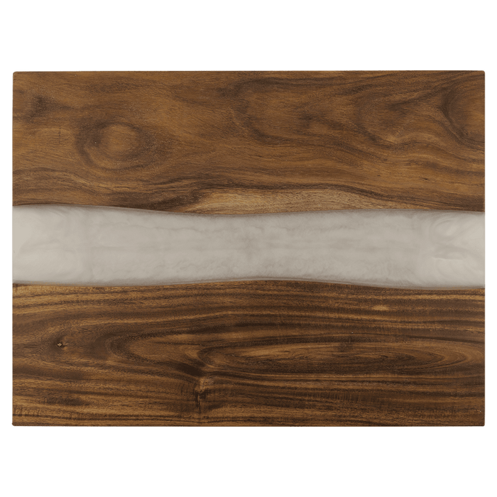 Wooden serving board with a white resin inlay on a transparent background