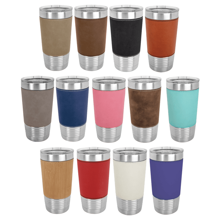 Case of 24 Polar Camel 20 oz. tumbler is wrapped in the luxury of Laserable Leatherette and comes with a clear lid. The tumbler has all the heat/cold retention properties of Polar Camel, the added beauty of Laserable Leatherette, and the durability of both. Tape at the bottom, they fit most cup holdersand are available in several colors. They make great awards, personalized gifts, or incentives and are perfect for fundraisers!