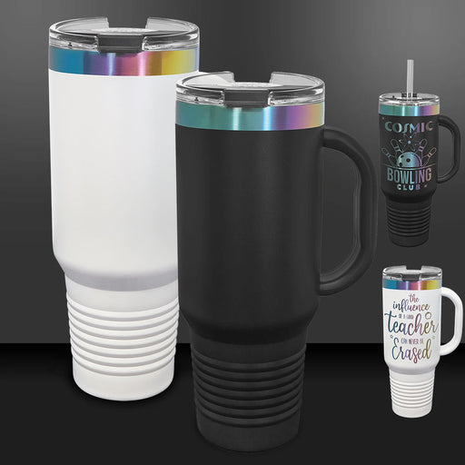 White and black to rainbow prism 40 oz tumblers with handles. Blank, bulk tumblers wholesale or single orders
