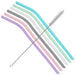 Set of 6 10 inch bent reusable silicone environmentally-friendly drinking straws and a cleaning brush. Set includes soft pastel rainbow colors blue mint white gray soft pink lilac purple