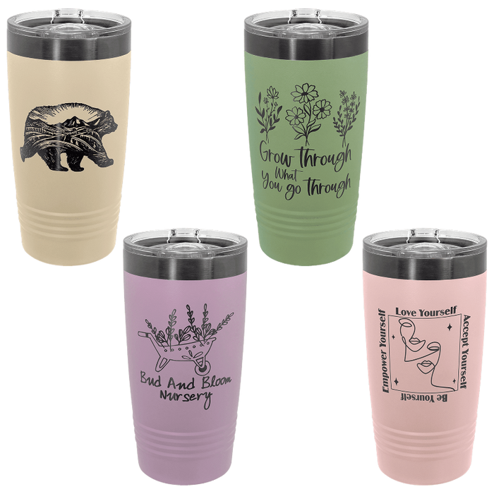 pastel polar camel insulated tumblers for laser engraving. Tan sand, sage green, lilac purple, pastel pink