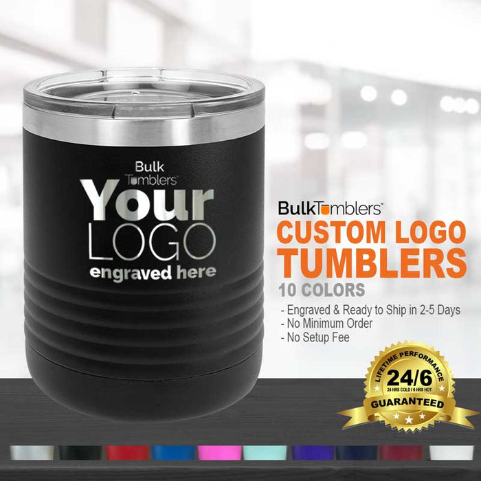 10 oz Lowball Whisky Glass w Logo Laser Engraved on Insulated Stainless Steel Rocks Tumblers + Lid