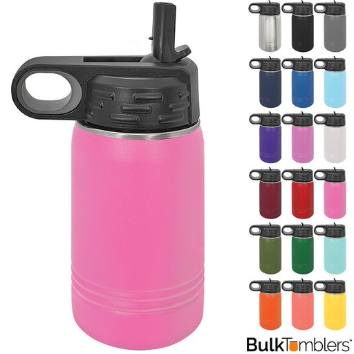 12 oz polar camel sport water bottle flip spout with straw - Insulated stainless steel bottle for kids comes in an assortment of colors including stainless silver, black, gray, navy, blue, light blue, purple, lavender, white, maroon, red, pink, olive, green, seafoam, orange, coral and yellow