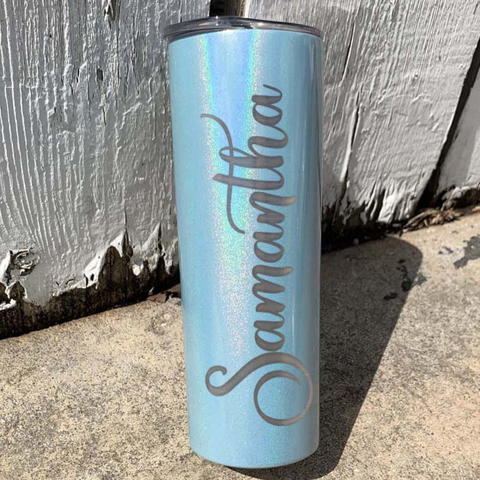 Vaso aislado con purpurina holográfica delgada de 20 oz grabado con láser con logotipo o en blanco