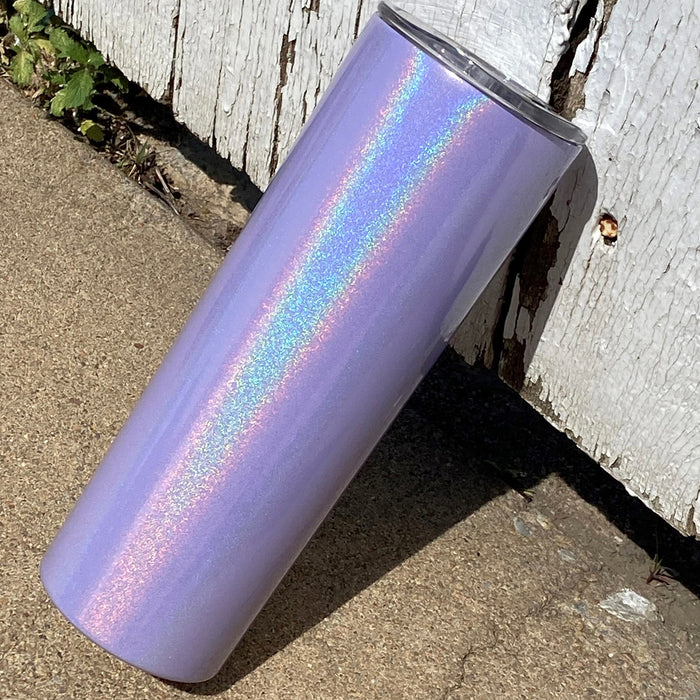 Vaso aislado con purpurina holográfica delgada de 20 oz grabado con láser con logotipo o en blanco