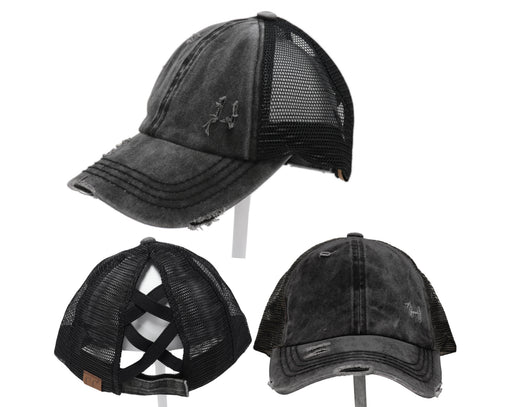 Authentic Black/Black CC Beanie CrissCross High Ponytail Trucker Hat Distressed Wash Denim