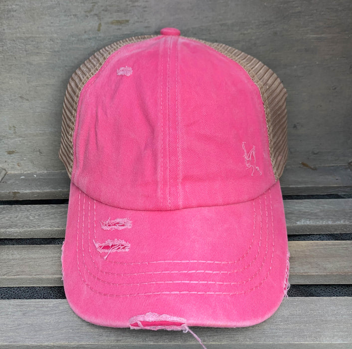 Authentic Pink CC Beanie CrissCross High Ponytail Trucker Hat Distressed Wash Denim