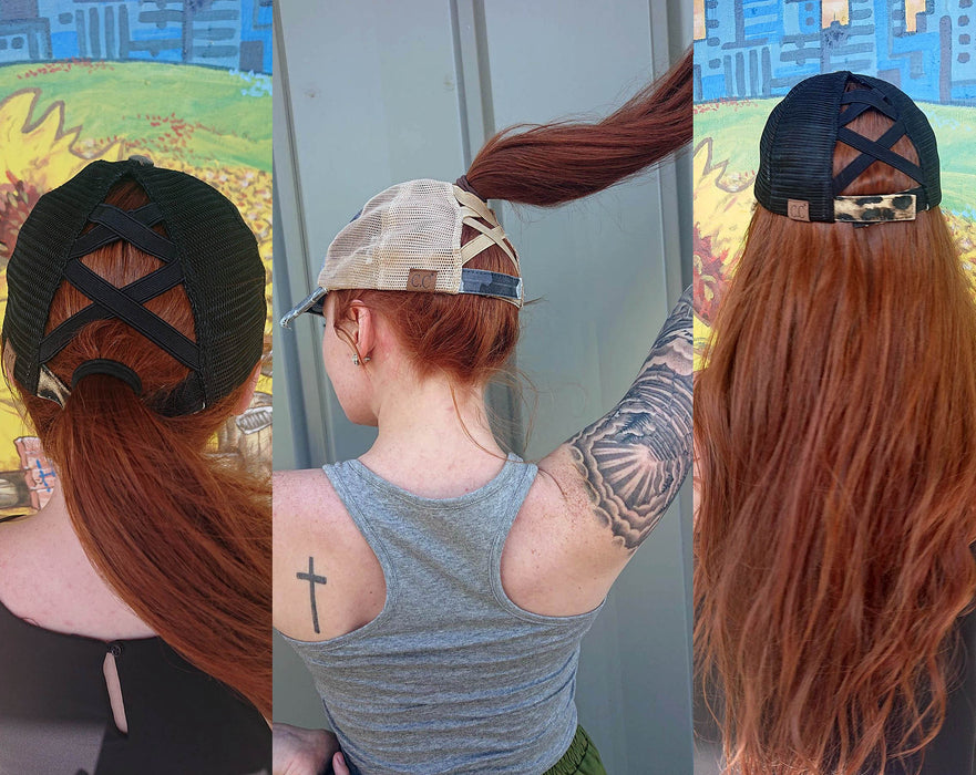Authentic Black/Beige CC Beanie CrissCross High Ponytail Trucker Hat Distressed Wash Denim