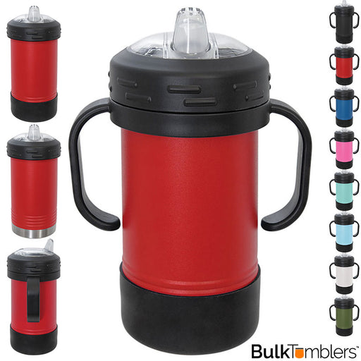 Polar Camel Sippy Cups are 10 oz. double wall insulated powder coated cups featuring removable handles, a silicone boot, and spill proof lid. The     screw on lid features a hard plastic spout with a rubber leak proof valve. The cup can be used with or without the heavy-duty plastic handles that    attach to the lid. They offer plenty of space for personalization and can  be taken apart for easy cleaning. The plastic lid may need an occasional   deep cleaning.