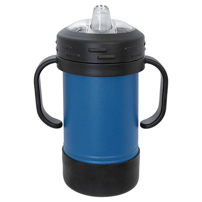 Polar Camel Sippy Cups are 10 oz. double wall insulated powder coated cups featuring removable handles, a silicone boot, and spill proof lid. The     screw on lid features a hard plastic spout with a rubber leak proof valve. The cup can be used with or without the heavy-duty plastic handles that    attach to the lid. They offer plenty of space for personalization and can  be taken apart for easy cleaning. The plastic lid may need an occasional   deep cleaning.