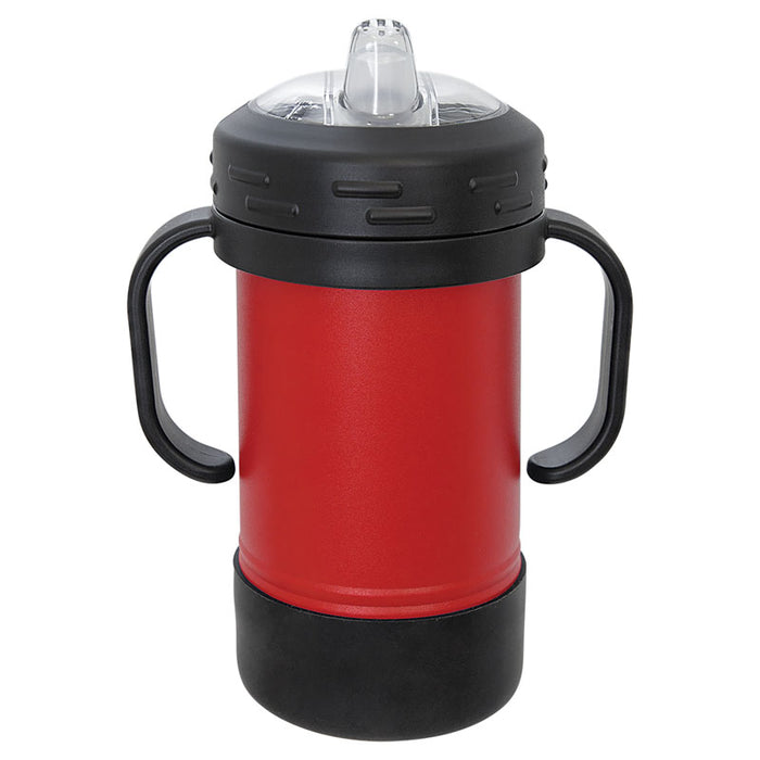 Polar Camel Sippy Cups are 10 oz. double wall insulated powder coated cups featuring removable handles, a silicone boot, and spill proof lid. The     screw on lid features a hard plastic spout with a rubber leak proof valve. The cup can be used with or without the heavy-duty plastic handles that    attach to the lid. They offer plenty of space for personalization and can  be taken apart for easy cleaning. The plastic lid may need an occasional   deep cleaning.